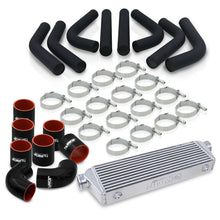 Load image into Gallery viewer, Universal 2.5" 8 Pieces Aluminum Piping Kit Black (x2 Straight / x2 90 Degree / x2 120 Degree / x2 135 Degree) + Silicone Couplers Black + Universal Aluminum Intercooler (Bar & Plate | Overall: 27.5" x 7.0" x 2.5" | Core: 21.5" x 7.0" x 2.25")