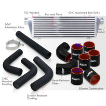 Load image into Gallery viewer, Universal 2.5" 8 Pieces Aluminum Piping Kit Black (x2 Straight / x2 90 Degree / x2 120 Degree / x2 135 Degree) + Silicone Couplers Black + Universal Aluminum Intercooler (Bar & Plate | Overall: 27.5" x 7.0" x 2.5" | Core: 21.5" x 7.0" x 2.25")