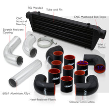 Load image into Gallery viewer, Universal 2.5" 12 Pieces Aluminum Piping Kit Polished (x2 Straight / x6 90 Degree Long / x4 90 Degree Short) + SIlicone Couplers Black + Universal Aluminum Intercooler Black (Tube & Fin | Overall: 27.5" x 7.0" x 2.5" | Core: 21.5" x 7.0" x 2.25")