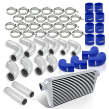 Load image into Gallery viewer, Universal 3" 12 Pieces Aluminum Piping Kit Polished (x2 Straight / x6 90 Degree Long / x4 90 Degree Short) + Silicone Couplers Blue + Universal Aluminum Intercooler (Bar & Plate | Overall: 31.0" x 11.75" x 3.0" | Core: 23.0" x 11.0" x 3.0")