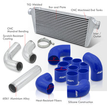 Load image into Gallery viewer, Universal 3" 12 Pieces Aluminum Piping Kit Polished (x2 Straight / x6 90 Degree Long / x4 90 Degree Short) + Silicone Couplers Blue + Universal Aluminum Intercooler (Bar & Plate | Overall: 31.0" x 11.75" x 3.0" | Core: 23.0" x 11.0" x 3.0")