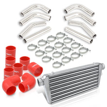 Load image into Gallery viewer, Universal 3" 8 Pieces Aluminum Piping Kit Polished (x2 Straight / x2 90 Degree / x2 120 Degree / x2 135 Degree) + Silicone Couplers Red + Universal Aluminum Intercooler (Tube & Fin | Overall: 30.75" x 11.75" x 3.0" | Core: 23.5" x 11.75" x 3.0")