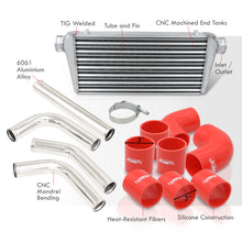 Load image into Gallery viewer, Universal 3" 8 Pieces Aluminum Piping Kit Polished (x2 Straight / x2 90 Degree / x2 120 Degree / x2 135 Degree) + Silicone Couplers Red + Universal Aluminum Intercooler (Tube & Fin | Overall: 30.75" x 11.75" x 3.0" | Core: 23.5" x 11.75" x 3.0")