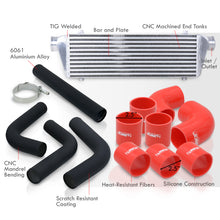 Load image into Gallery viewer, Universal 2.5" 8 Pieces Aluminum Piping Kit Black (x2 Straight / x2 90 Degree / x2 120 Degree / x2 135 Degree) + Silicone Couplers Red + Universal Aluminum Intercooler (Bar & Plate | Overall: 27.5" x 7.0" x 2.5" | Core: 21.5" x 7.0" x 2.25")