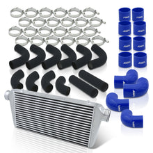 Load image into Gallery viewer, Universal 3" 12 Pieces Aluminum Piping Kit Black (x2 Straight / x6 90 Degree Long / x4 90 Degree Short) + Silicone Couplers Blue + Universal Aluminum Intercooler (Bar & Plate | Overall: 31.0" x 11.75" x 3.0" | Core: 23.0" x 11.0" x 3.0")