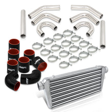 Load image into Gallery viewer, Universal 3" 8 Pieces Aluminum Piping Kit Polished (x2 Straight / x2 90 Degree / x2 135 Degree / x2 U-Pipe) + Silicone Couplers Black + Universal Aluminum Intercooler (Tube & Fin | Overall: 30.75" x 11.75" x 3.0" | Core: 23.5" x 11.75" x 3.0")