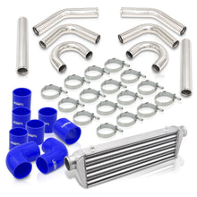 Load image into Gallery viewer, Universal 2.5" 8 Pieces Aluminum Piping Kit Polished (x2 Straight / x2 90 Degree / x2 135 Degree / x2 U-Pipe) + SIlicone Couplers Blue + Universal Aluminum Intercooler (Tube & Fin | Overall: 27.5" x 7.0" x 2.5" | Core: 21.5" x 7.0" x 2.25")