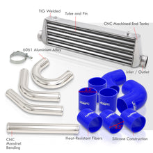 Load image into Gallery viewer, Universal 2.5" 8 Pieces Aluminum Piping Kit Polished (x2 Straight / x2 90 Degree / x2 135 Degree / x2 U-Pipe) + SIlicone Couplers Blue + Universal Aluminum Intercooler (Tube & Fin | Overall: 27.5" x 7.0" x 2.5" | Core: 21.5" x 7.0" x 2.25")