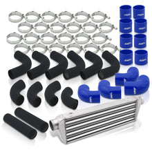 Load image into Gallery viewer, Universal 2.5&quot; 12 Pieces Aluminum Piping Kit Black (x2 Straight / x6 90 Degree Long / x4 90 Degree Short) + SIlicone Couplers Blue + Universal Aluminum Intercooler (Tube &amp; Fin | Overall: 27.5&quot; x 7.0&quot; x 2.5&quot; | Core: 21.5&quot; x 7.0&quot; x 2.25&quot;)
