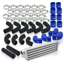 Load image into Gallery viewer, Universal 2.5" 12 Pieces Aluminum Piping Kit Black (x2 Straight / x6 90 Degree Long / x4 90 Degree Short) + SIlicone Couplers Blue + Universal Aluminum Intercooler (Tube & Fin | Overall: 27.5" x 7.0" x 2.5" | Core: 21.5" x 7.0" x 2.25")