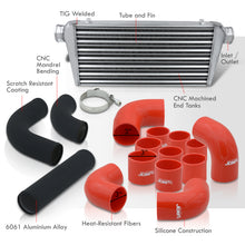 Load image into Gallery viewer, Universal 3" 12 Pieces Aluminum Piping Kit Black (x2 Straight / x6 90 Degree Long / x4 90 Degree Short) + Silicone Couplers Red + Universal Aluminum Intercooler (Tube & Fin | Overall: 30.75" x 11.75" x 3.0" | Core: 23.5" x 11.75" x 3.0")