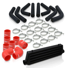 Load image into Gallery viewer, Universal 2.5" 8 Pieces Aluminum Piping Kit Black (x2 Straight / x2 90 Degree / x2 120 Degree / x2 135 Degree) + SIlicone Couplers Red + Universal Aluminum Intercooler Black (Tube & Fin | Overall: 27.5" x 7.0" x 2.5" | Core: 21.5" x 7.0" x 2.25")