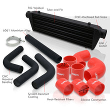 Load image into Gallery viewer, Universal 2.5" 8 Pieces Aluminum Piping Kit Black (x2 Straight / x2 90 Degree / x2 120 Degree / x2 135 Degree) + SIlicone Couplers Red + Universal Aluminum Intercooler Black (Tube & Fin | Overall: 27.5" x 7.0" x 2.5" | Core: 21.5" x 7.0" x 2.25")