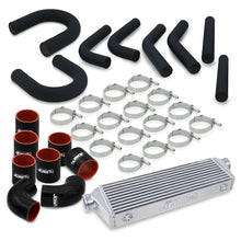 Load image into Gallery viewer, Universal 2.5&quot; 8 Pieces Aluminum Piping Kit Black (x2 Straight / x2 90 Degree / x2 135 Degree / x2 U-Pipe) + Silicone Couplers Black + Universal Aluminum Intercooler (Bar &amp; Plate | Overall: 27.5&quot; x 7.0&quot; x 2.5&quot; | Core: 21.5&quot; x 7.0&quot; x 2.25&quot;)
