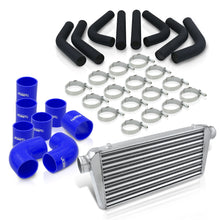Load image into Gallery viewer, Universal 3" 8 Pieces Aluminum Piping Kit Black (x2 Straight / x2 90 Degree / x2 120 Degree / x2 135 Degree) + Silicone Couplers Blue + Universal Aluminum Intercooler (Tube & Fin | Overall: 30.75" x 11.75" x 3.0" | Core: 23.5" x 11.75" x 3.0")