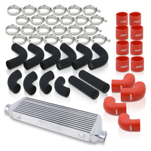 Load image into Gallery viewer, Universal 2.5" 12 Pieces Aluminum Piping Kit Black (x2 Straight / x6 90 Degree Long / x4 90 Degree Short) + Silicone Couplers Red + Universal Aluminum Intercooler (Bar & Plate | Overall: 27.5" x 7.0" x 2.5" | Core: 21.5" x 7.0" x 2.25")