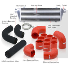 Load image into Gallery viewer, Universal 2.5" 12 Pieces Aluminum Piping Kit Black (x2 Straight / x6 90 Degree Long / x4 90 Degree Short) + Silicone Couplers Red + Universal Aluminum Intercooler (Bar & Plate | Overall: 27.5" x 7.0" x 2.5" | Core: 21.5" x 7.0" x 2.25")