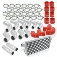 Load image into Gallery viewer, Universal 3" 12 Pieces Aluminum Piping Kit Polished (x2 Straight / x6 90 Degree Long / x4 90 Degree Short) + Silicone Couplers Red + Universal Aluminum Intercooler (Tube & Fin | Overall: 30.75" x 11.75" x 3.0" | Core: 23.5" x 11.75" x 3.0")