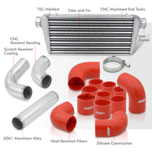 Load image into Gallery viewer, Universal 3" 12 Pieces Aluminum Piping Kit Polished (x2 Straight / x6 90 Degree Long / x4 90 Degree Short) + Silicone Couplers Red + Universal Aluminum Intercooler (Tube & Fin | Overall: 30.75" x 11.75" x 3.0" | Core: 23.5" x 11.75" x 3.0")