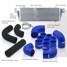 Load image into Gallery viewer, Universal 2.5&quot; 12 Pieces Aluminum Piping Kit Black (x2 Straight / x6 90 Degree Long / x4 90 Degree Short) + Silicone Couplers Blue + Universal Aluminum Intercooler (Bar &amp; Plate | Overall: 27.5&quot; x 7.0&quot; x 2.5&quot; | Core: 21.5&quot; x 7.0&quot; x 2.25&quot;)

