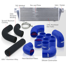 Load image into Gallery viewer, Universal 2.5" 12 Pieces Aluminum Piping Kit Black (x2 Straight / x6 90 Degree Long / x4 90 Degree Short) + Silicone Couplers Blue + Universal Aluminum Intercooler (Bar & Plate | Overall: 27.5" x 7.0" x 2.5" | Core: 21.5" x 7.0" x 2.25")