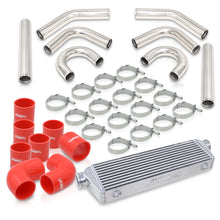 Load image into Gallery viewer, Universal 2.5" 8 Pieces Aluminum Piping Kit Polished (x2 Straight / x2 90 Degree / x2 135 Degree / x2 U-Pipe) + Silicone Couplers Red + Universal Aluminum Intercooler (Bar & Plate | Overall: 27.5" x 7.0" x 2.5" | Core: 21.5" x 7.0" x 2.25")