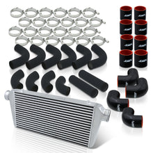 Load image into Gallery viewer, Universal 3" 12 Pieces Aluminum Piping Kit Black (x2 Straight / x6 90 Degree Long / x4 90 Degree Short) + Silicone Couplers Black + Universal Aluminum Intercooler (Bar & Plate | Overall: 31.0" x 11.75" x 3.0" | Core: 23.0" x 11.0" x 3.0")