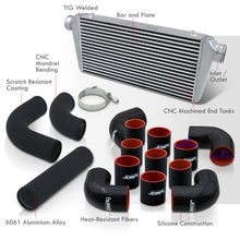 Load image into Gallery viewer, Universal 3" 12 Pieces Aluminum Piping Kit Black (x2 Straight / x6 90 Degree Long / x4 90 Degree Short) + Silicone Couplers Black + Universal Aluminum Intercooler (Bar & Plate | Overall: 31.0" x 11.75" x 3.0" | Core: 23.0" x 11.0" x 3.0")