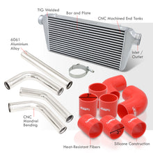 Load image into Gallery viewer, Universal 3" 8 Pieces Aluminum Piping Kit Polished (x2 Straight / x2 90 Degree / x2 120 Degree / x2 135 Degree) + Silicone Couplers Red + Universal Aluminum Intercooler (Bar & Plate | Overall: 31.0" x 11.75" x 3.0" | Core: 23.0" x 11.0" x 3.0")