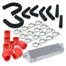 Load image into Gallery viewer, Universal 2.5&quot; 8 Pieces Aluminum Piping Kit Black (x2 Straight / x2 90 Degree / x2 135 Degree / x2 U-Pipe) + Silicone Couplers Red + Universal Aluminum Intercooler (Bar &amp; Plate | Overall: 27.5&quot; x 7.0&quot; x 2.5&quot; | Core: 21.5&quot; x 7.0&quot; x 2.25&quot;)

