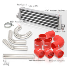 Load image into Gallery viewer, Universal 2.5" 8 Pieces Aluminum Piping Kit Polished (x2 Straight / x2 90 Degree / x2 135 Degree / x2 U-Pipe) + SIlicone Couplers Red + Universal Aluminum Intercooler (Tube & Fin | Overall: 27.5" x 7.0" x 2.5" | Core: 21.5" x 7.0" x 2.25")