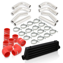 Load image into Gallery viewer, Universal 2.5" 8 Pieces Aluminum Piping Kit Polished (x2 Straight / x2 90 Degree / x2 120 Degree / x2 135 Degree) + Silicone Couplers Red + Universal Aluminum Intercooler Black (Tube & Fin | Overall: 27.5" x 7.0" x 2.5" | Core: 21.5" x 7.0" x 2.25")