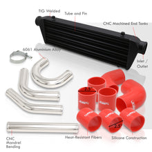 Load image into Gallery viewer, Universal 2.5" 8 Pieces Aluminum Piping Kit Polished (x2 Straight / x2 90 Degree / x2 135 Degree / x2 U-Pipe) + Silicone Couplers Red + Universal Aluminum Intercooler Black (Tube & Fin | Overall: 27.5" x 7.0" x 2.5" | Core: 21.5" x 7.0" x 2.25")