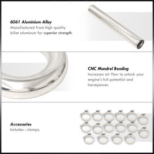 Load image into Gallery viewer, Universal 2.5" 8 Pieces Aluminum Piping Kit Polished (x2 Straight / x2 90 Degree / x2 135 Degree / x2 U-Pipe) + Silicone Couplers Black + Universal Aluminum Intercooler (Bar & Plate | Overall: 27.5" x 7.0" x 2.5" | Core: 21.5" x 7.0" x 2.25")