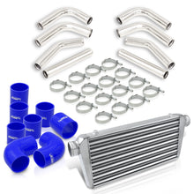 Load image into Gallery viewer, Universal 3" 8 Pieces Aluminum Piping Kit Polished (x2 Straight / x2 90 Degree / x2 120 Degree / x2 135 Degree) + Silicone Couplers Blue + Universal Aluminum Intercooler (Tube & Fin | Overall: 30.75" x 11.75" x 3.0" | Core: 23.5" x 11.75" x 3.0")