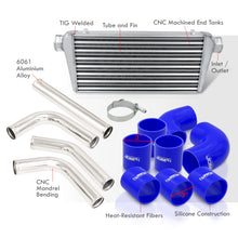 Load image into Gallery viewer, Universal 3" 8 Pieces Aluminum Piping Kit Polished (x2 Straight / x2 90 Degree / x2 120 Degree / x2 135 Degree) + Silicone Couplers Blue + Universal Aluminum Intercooler (Tube & Fin | Overall: 30.75" x 11.75" x 3.0" | Core: 23.5" x 11.75" x 3.0")