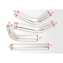 Load image into Gallery viewer, Universal 3" 8 Pieces Aluminum Piping Kit Polished (x2 Straight / x2 90 Degree / x2 120 Degree / x2 135 Degree) + Silicone Couplers Blue + Universal Aluminum Intercooler (Tube & Fin | Overall: 30.75" x 11.75" x 3.0" | Core: 23.5" x 11.75" x 3.0")