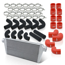 Load image into Gallery viewer, Universal 3" 12 Pieces Aluminum Piping Kit Black (x2 Straight / x6 90 Degree Long / x4 90 Degree Short) + Silicone Couplers Red + Universal Aluminum Intercooler (Bar & Plate | Overall: 31.0" x 11.75" x 3.0" | Core: 23.0" x 11.0" x 3.0")