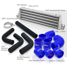 Load image into Gallery viewer, Universal 2.5" 8 Pieces Aluminum Piping Kit Black (x2 Straight / x2 90 Degree / x2 120 Degree / x2 135 Degree) + SIlicone Couplers Blue + Universal Aluminum Intercooler (Tube & Fin | Overall: 27.5" x 7.0" x 2.5" | Core: 21.5" x 7.0" x 2.25")