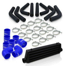 Load image into Gallery viewer, Universal 2.5" 8 Pieces Aluminum Piping Kit Black (x2 Straight / x2 90 Degree / x2 120 Degree / x2 135 Degree) + SIlicone Couplers Blue + Universal Aluminum Intercooler Black (Tube & Fin | Overall: 27.5" x 7.0" x 2.5" | Core: 21.5" x 7.0" x 2.25")