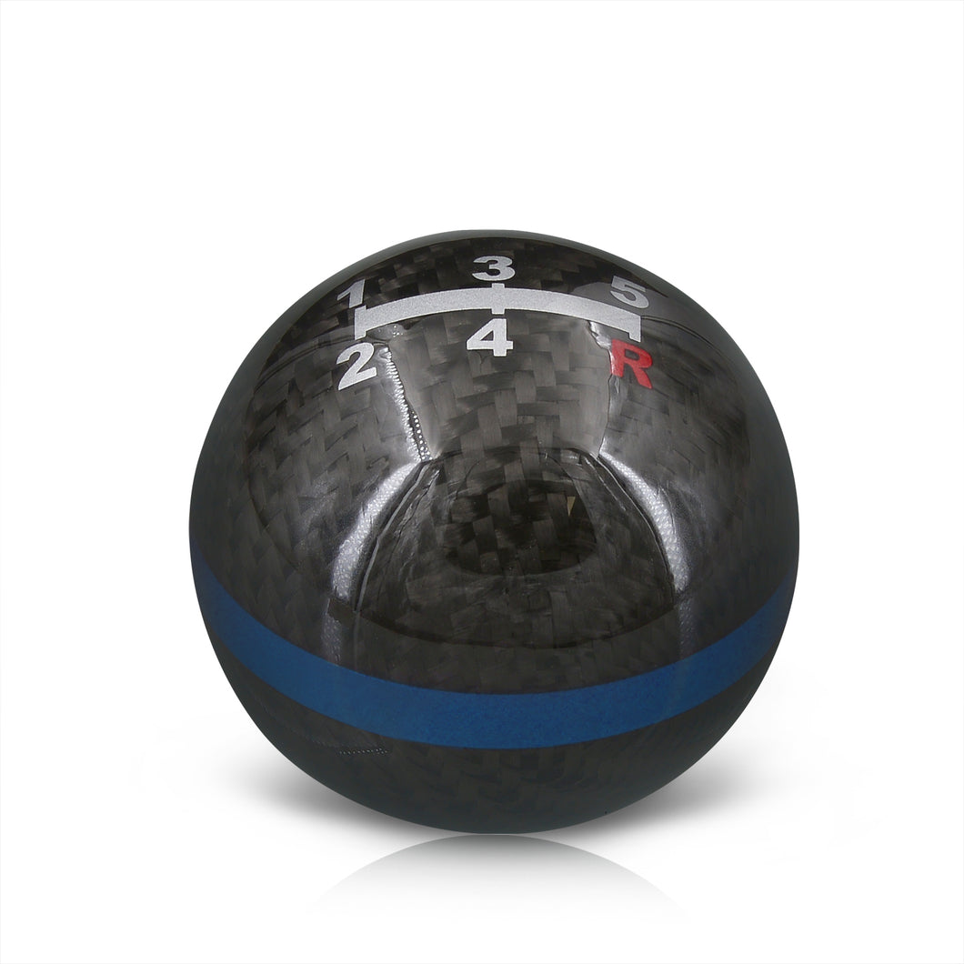 Universal 5 Speed M10x1.5 Ball Shift Knob Black Carbon Fiber with Blue Rings