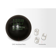 Load image into Gallery viewer, Universal 6 Speed M8 M10 M12 Fuckin' Fast Ball Shift Knob Black with Green Lettering (Top Right Reverse)