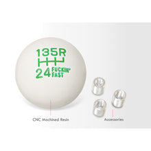 Load image into Gallery viewer, Universal 6 Speed M8 M10 M12 Fuckin' Fast Ball Shift Knob White with Green Lettering (Top Right Reverse)