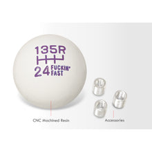 Load image into Gallery viewer, Universal 6 Speed M8 M10 M12 Fuckin' Fast Ball Shift Knob White with Purple Lettering (Top Right Reverse)