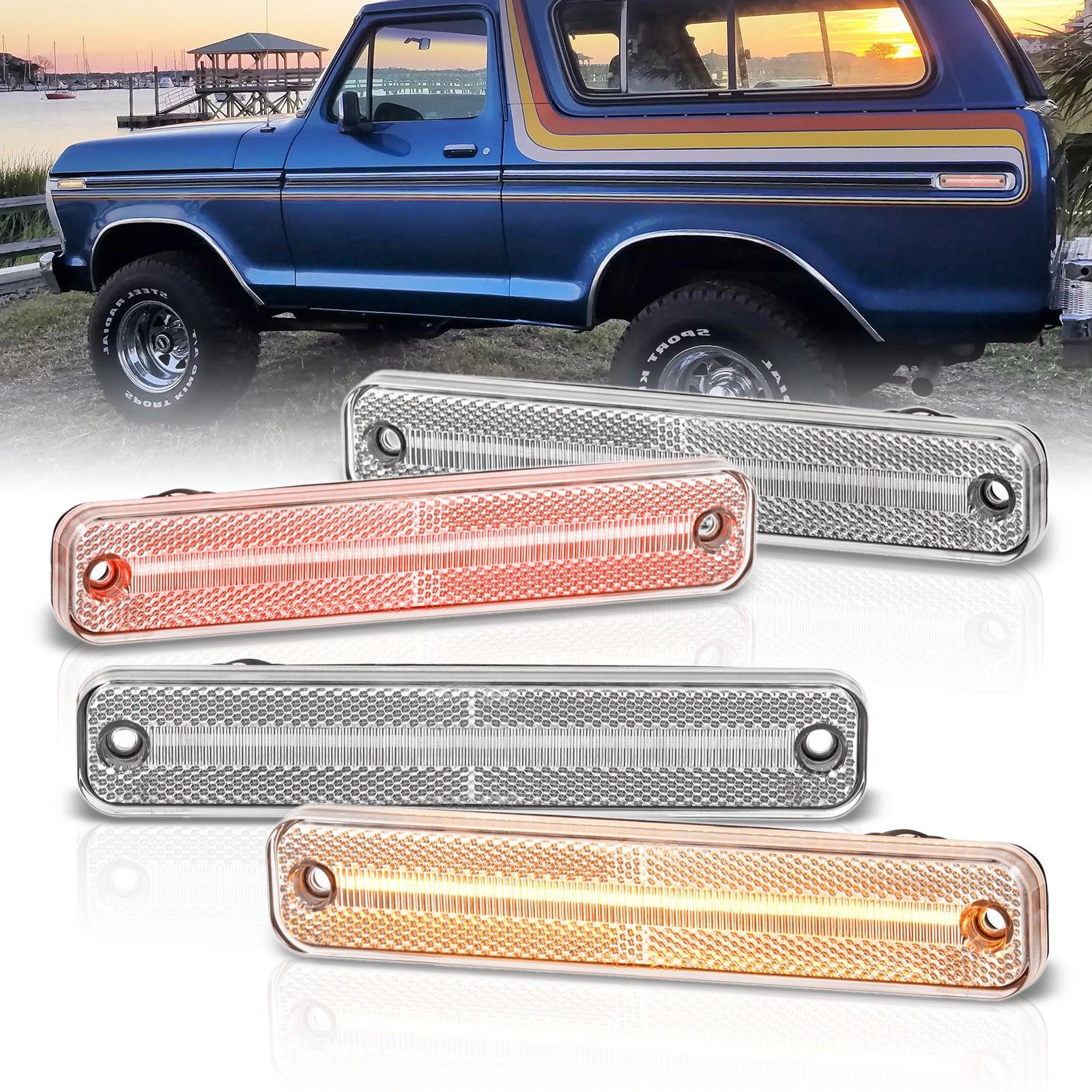 LED Side Marker Light Set - Clear Lens, Amber, Fits 1975-1983 Ford F-Series & Econoline