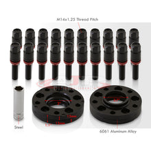 Load image into Gallery viewer, Universal 4 Piece Wheel Spacers + Extended Lug Nut Bolts Black - PCD: 5x120 | Thread Pitch: M14x1.25 | Bore: 72.56mm | Thickness: 15mm | Lug Nuts: 40mm
