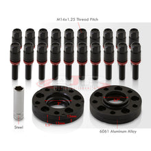 Load image into Gallery viewer, Universal 4 Piece Wheel Spacers + Extended Lug Nut Bolts Black - PCD: 5x120 | Thread Pitch: M14x1.25 | Bore: 72.56mm | Thickness: 15mm | Lug Nuts: 40mm