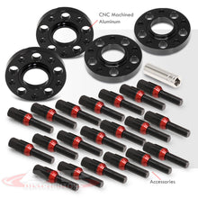 Load image into Gallery viewer, Universal 4 Piece Wheel Spacers + Extended Lug Nut Bolts Black - PCD: 5x120 | Thread Pitch: M14x1.25 | Bore: 72.56mm | Thickness: 20mm | Lug Nuts: 45mm
