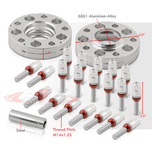 Load image into Gallery viewer, Universal 4 Piece Wheel Spacers + Extended Lug Nut Bolts Silver - PCD: 5x120 | Thread Pitch: M14x1.25 | Bore: 72.56mm | Thickness: 20mm | Lug Nuts: 45mm