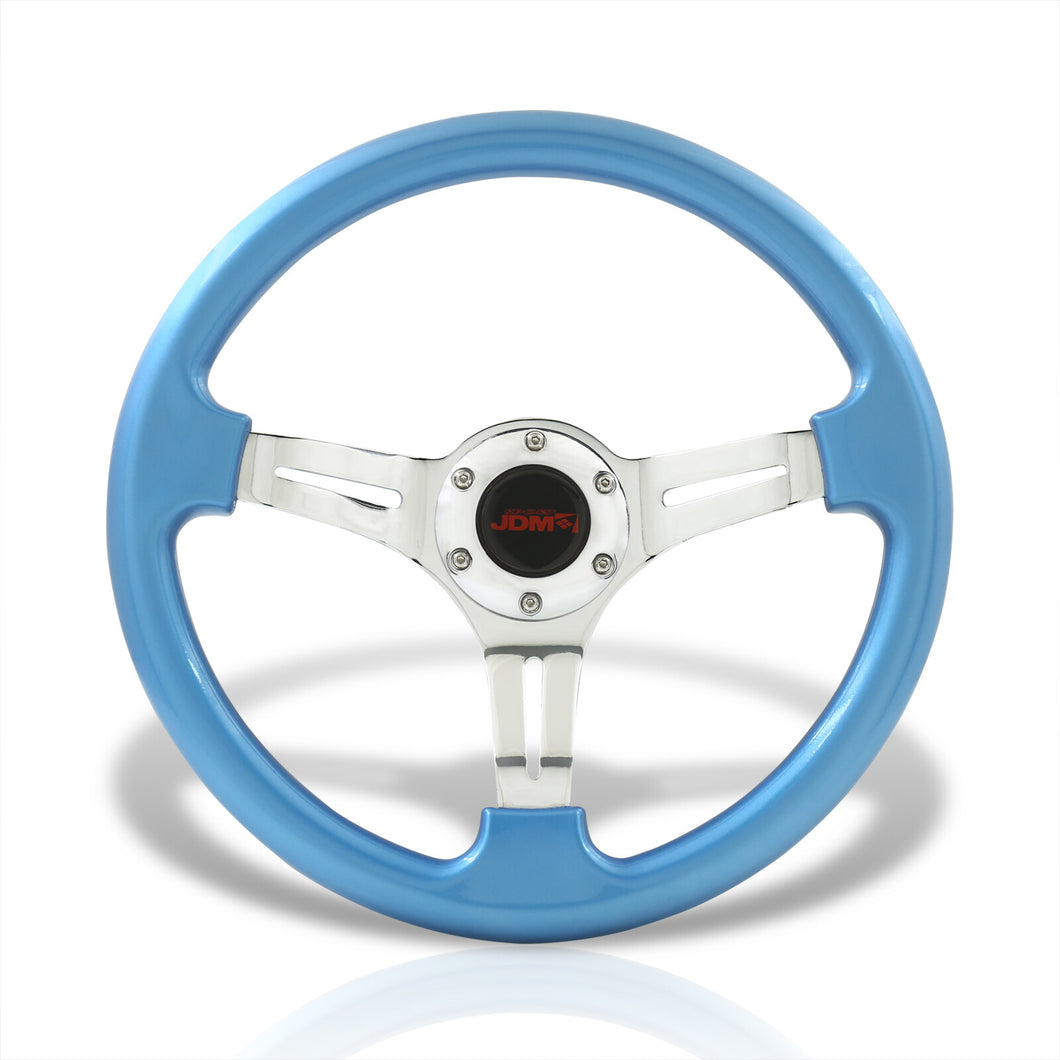 JDM Sport Universal 350mm Heavy Duty Steel Steering Wheel Polished Center Metallic Sky Blue